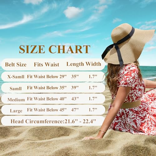 Womens Beach Sun Straw Hat with Straw Belt UV UPF 80+ Travel Foldable Brim Summer UV Hat Stretch Boho Belt for Dress - color: Khaki, size: X-Small