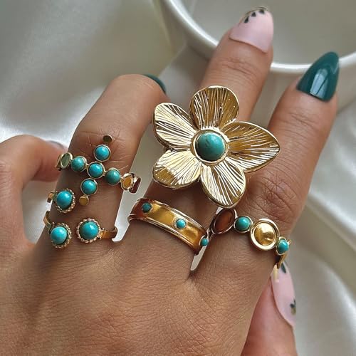 Bohemian Turquoise Ring for Women Chunky Gold Flower Statement Rings Vintage Round Turquoises Stackable Knuckle Ring Set for Women Western Jewelry - style: Turquoise flower ring-A
