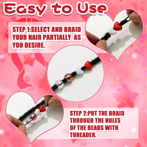 60PCS Red Heart Hair Beads White Clear Round Beads Kids Girls Valentine's Day Loc Jewelry Dreadlock Bead Cute Acrylic Pony Bead Hair Accessories - color: Red&White