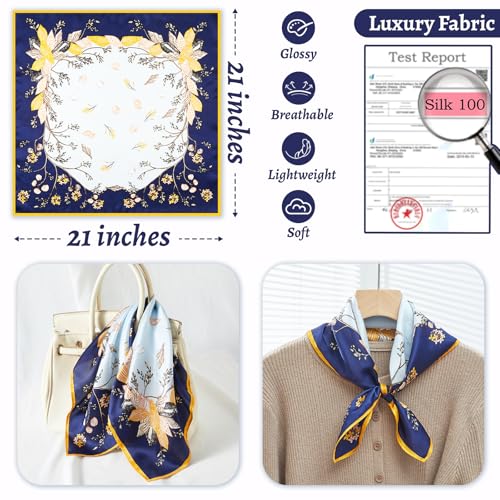 100% Mulberry Silk Neck Scarf 21''x21'' Small Square Hair Scarf for Women Men Lightweight Bandana Envelope Package - color: Shell Flower- Blue