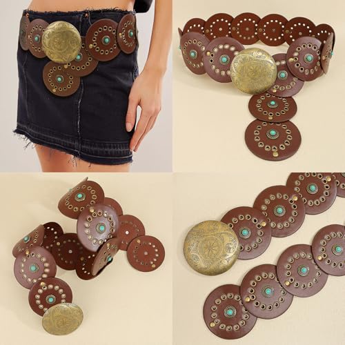 Western Chunky Wide Disc Belt for Women Boho Hollow PU Leather Waist Cowgirl Belt for Dresses Jeans with Metal Buckle - color: Brown Turquoise