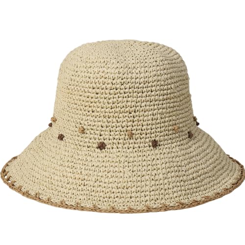 Women Straw Sun Hat Summer Beach Hats Foldable Floppy Cap Wide Brim Bucket Hat Solid Handmade Sun Protection Caps - color: Dot-beige