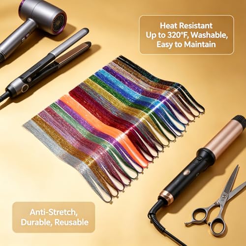 Hair Tinsel Kit 18 Colors 47 Inch Heat Resistant Reusable Stretchable Durable Shiny Hair Tinsel Strands for Women Girls Daily Wear Festival Party Cosplay Halloween Christmas Hair Accessories - color: 18 Colors+Tools, size: 47 Inch