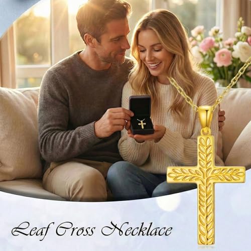 14K Gold Cross Necklace Gold Cross Pendant Necklace Christian Faith Jewelry Gifts for Women - style: F-Leaf Cross