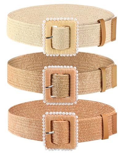 WILLBOND 3 Pcs Women Straw Stretch Belt Elastic Rattan Belts Straw Boho Raffia Belts for Ladies Woven Waist Belt for Dresses - size: Medium, style: Elegant
