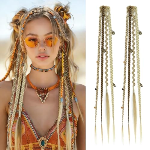 2PCS Boho Dreadlock Clip In Braids with Charms and Beads, Handmade Dreadlock Braids Hair Extensions Synthetic Braided Hairpieces for Women (Medium Blonde with Light Blonde 16 Inch) - color: Medium Blonde with Light Blonde, size: 16 Inch