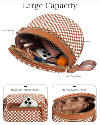 Valentoria Large Woven Leather Crossbody Bags for Women Checkered Bum Bag Sling Bag Purse Adjustable Strap Detachable Wallet | Woven - color: Brown&white Checkered