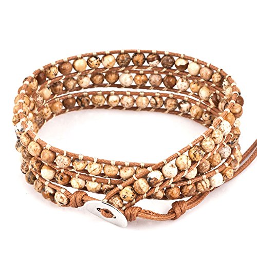 Layered Leather Handmade Bracelet Boho Bohemian Style Multilayer Crystal Glass Natural Stone Beaded Wrap Bracelets Collection for Women - style: BR582