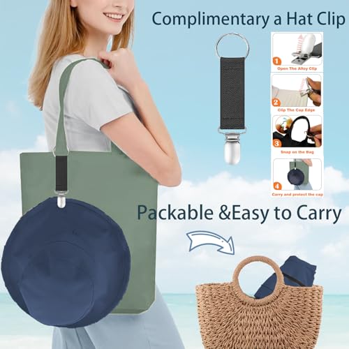 vidsel Womens Sun Hats Wide Brim Reversible Bucket Cotton Hat Packable Summer Travel Cap with Hat Clip,UV Protection - color: Navy Blue2, size: Medium