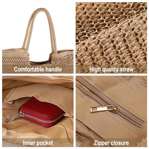 WantGor Straw Beach Bags, Women Summer Woven Tote Bag Large Boho Shoulder Handbags Casual Travel Beach Bag Foldable Hobo Bags - color: Khaki