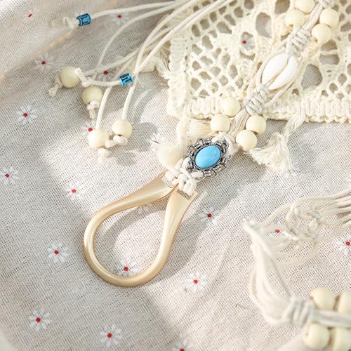 Women Braided Waist Belt Boho Woven Belt with Wooden Beads and Ring Clasp Vintage Long Tassel Rope Tie Belt for Dress - color: Beige 3