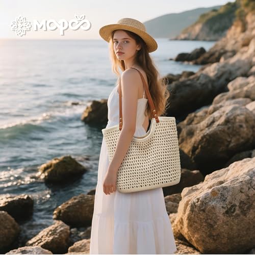 Crochet Beach Bags for Women Woven Purses Shoulder Bag Tote Handbag Summer Beach Purse - color: Wy10-white