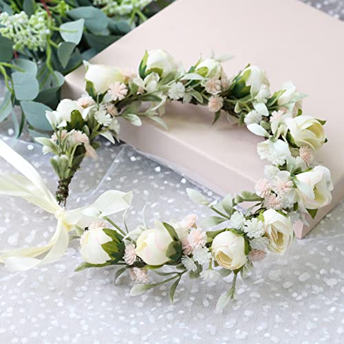 Vivivalue Wedding Floral Crown Rose Flower Headband Hair Wreath Floral Headpiece Halo Boho with Ribbon Party Prom Photos - color: W