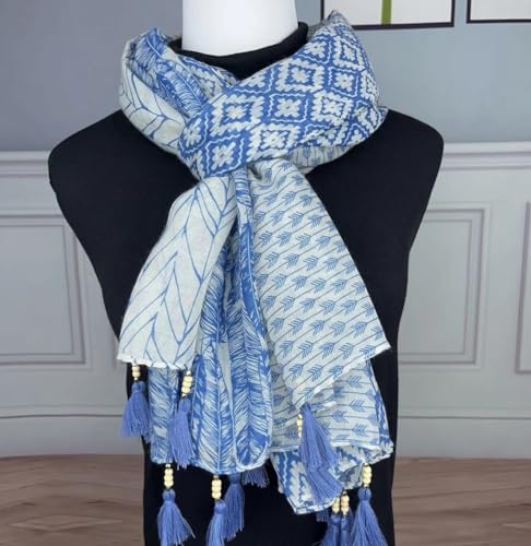 WaJuemy Travel Boho Scarf for Women Casual Lightweight Pashmina Scarves Fashion Multicolor Shawl Wraps with Fringed Beads - color: 01 Navyblue