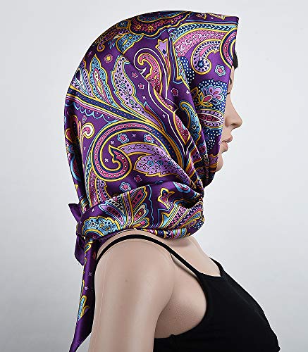 corciova 35 x 35 Satin Square Scarf for Women, Silk-Feel Hair Wrap, Large Bandana, Neck Wrap, Headscarf & Fashion Accessory - color: 98 Purple Paisley