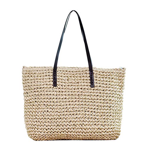 Ayliss Women Straw Woven Tote Large Beach Handmade Weaving Shoulder Bag Purse Straw Handbag - color: Beige