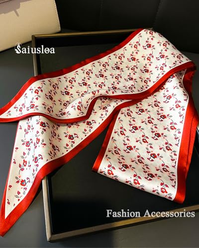 Purse Scarf For Handbags Head Scarves For Women's Hair Bags Scarfs Long Skinny Scarves Fashion Silky - color: A36-small Red Flowers