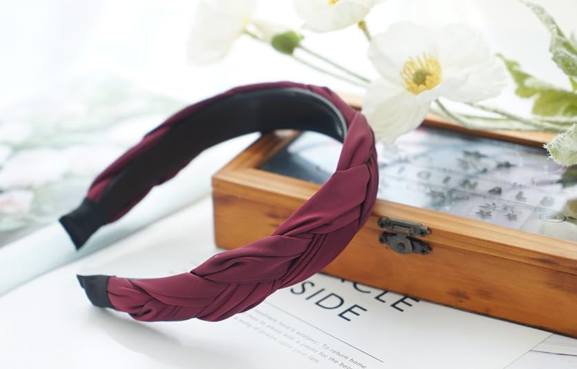 Braided Headband for Women-Vintage Fabric High Crown Headband with Non-Slip Teeth, Cute Boho Knotted Hair Band for Women & Teens (1-Wine Red, One Size) - color: 1-Wine Red