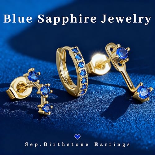 3 Pairs Dainty Small 4th of July Earrings for Women Trendy, Birthstone Stud Huggie Hoop Jacket Stack for Cartilage Helix, Gold Plated Hypoallergenic Cute Women Fashion Accessories Western Jewelry Gifts - color: 09Blue Created Sapphire-Sept (Gold)