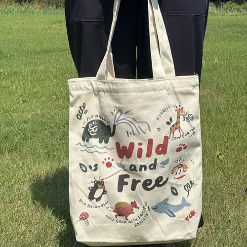 Canvas Tote Bag with Zipper for Women, Aesthetic Tote Bag with Pocket for Vacation, Shopping, Travel, Beach - style: Wild and Free