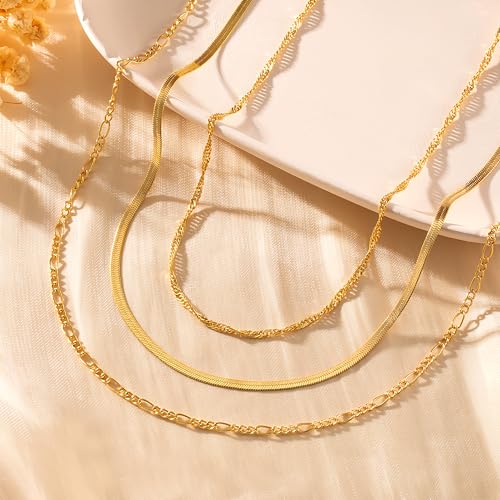 NECOCY 14K Gold Plated Layered Necklace for Women, Dainty Chain Necklace Stackable Trendy Cuban Link Rope Snake Chain Choker Simple Chunky Herringbone Necklace Stack Jewelry Set Gift for Women - style: 3PCS Layered-A
