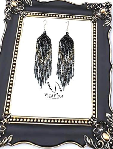 Long Beaded Dangle Earrings – Boho Native Handmade Seed Bead Tassel Bohemian Large Statement Drop Fringes for Women - color: Black,