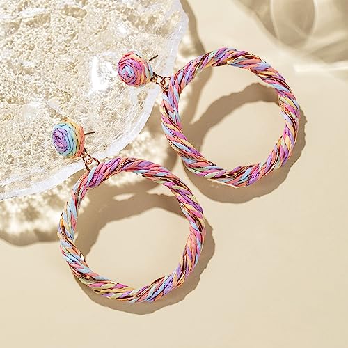 Boho Raffia Hoop Dangle Earrings Twisted - Statement Rattan Round Geometric Earrings For Summer Beach Vacation - color: COLORFUL