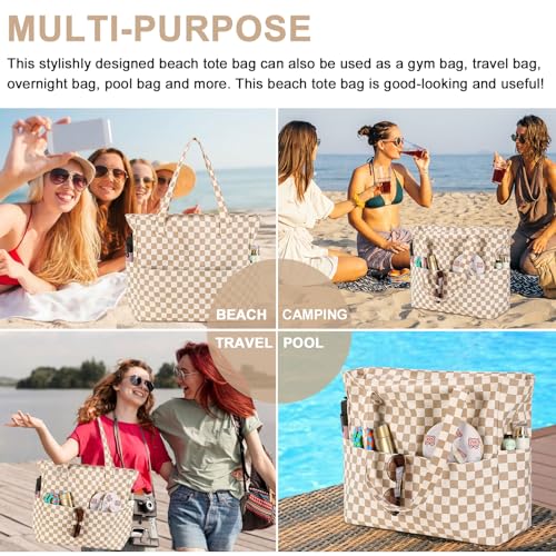 Bluboon Waterproof Beach Tote Pool Bags for Women Ladies Extra Large Carry On Bag With Wet Compartment for Weekender Travel - color: A Checked Brown White