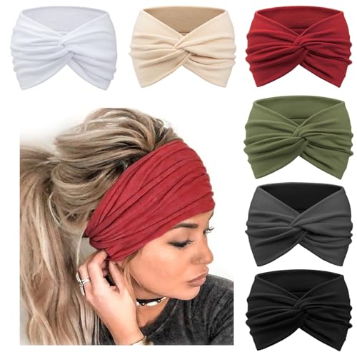 DRESHOW 6 Pack Extra Wide Headbands for Women Large Turban Headband Boho Head Wrap Elastic Hairbands Hair Twisted Knot Hair Accessories - color: 6 Pack: Dark Plus Bright