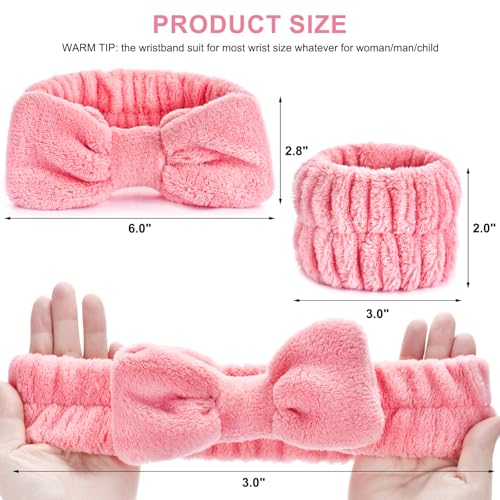 Dorbetar 6Pack Headband and Wristband Set for Washing Face, Spa Skincare Makeup Headband, Soft Puffy Hair Band Bow Tie, for Women and Teen Girl Trendy Stuff Gifts - color: light gray+Bean Pink