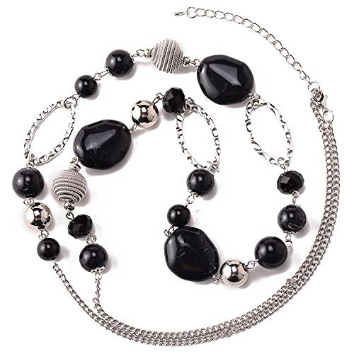BULINLIN Beaded Long Necklace for Women Silver Sweater Chain Necklace with Crystal Resin Beads, Fashion Jewelry Necklace - color: Black