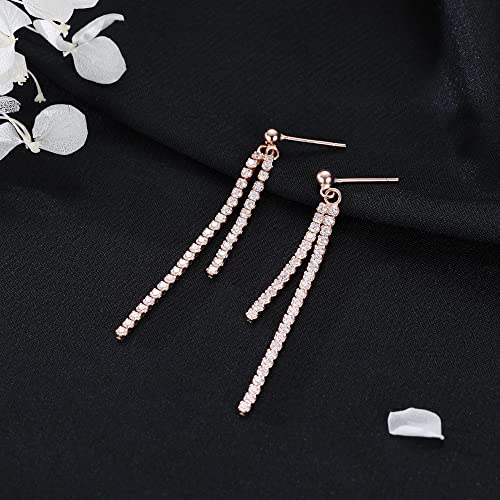 SLUYNZ 925 Sterling Silver Simulated Diamond Drop Earrings Linear Dangle Earrings for Women Teens Eelgant Wedding Bridal Prom Earrings Dainty CZ Long Dangling Earrings Tassel 4.5 cm/7.5 cm - color: C-Rose Color-4.5cm