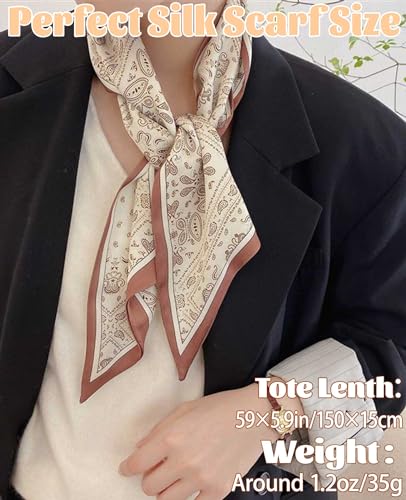 kcctoo 59" Mulberry Silk Like Head Scarf Women's Fashion Square Neck Satin Scarfs for Bag Hair Scarves Gift 59 * 5.9” - color: A009-brown Cashew Flower/59"x5.9"