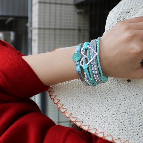 Womens Multi Layer Heart Leather Wrap Bracelet Boho Stackable Cuff Bangle Magnetic Clasp Crystal Birthday Valentine Gift - color: Sky Blue