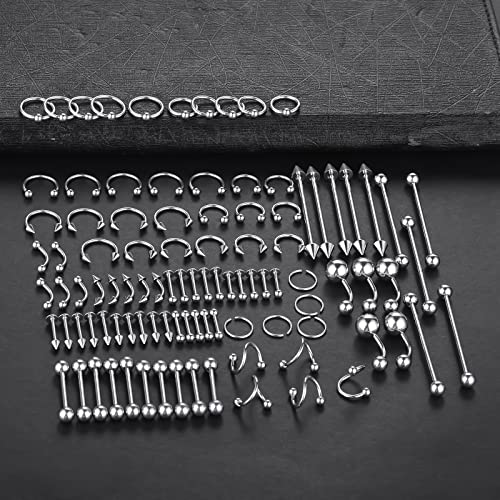 100PCS Piercing Kit Jewelry 14G 16G 20G Nose Rings Lip Studs Tongue Rings Stainless Steel Cartilage Earrings Tragus Eyebrow Industrial Barbell Belly Rings Body Piercing Kit Jewelry - color: silver