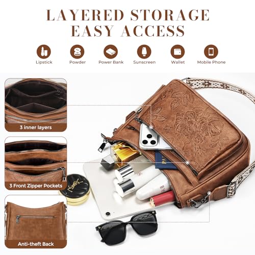 Crossbody Bags for Women, Vegan Leather Medium Crossbody Purse, Spacious Daily Travel Shoulder Bag with Boho Strap - color: Brown