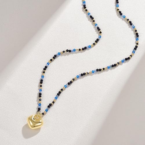 KissYan Long Necklaces for Women, 14K Gold Plated Beaded Gemstone Turquoise Boho Layered Choker, Natural Stone Handmade Sweater Fashion Jewelry Gifts - style: Blue