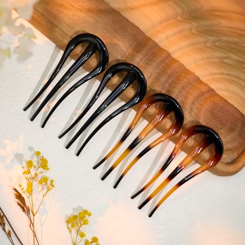 French Hair Forks Tortoise Shell W Shape Updo Hair Pins Clips for Thin Thick Hair, 3.5 inch Classic 3 Prong Bun Hair Sticks Chignon Women Vintage Hairstyle Accessories, 4 Count.