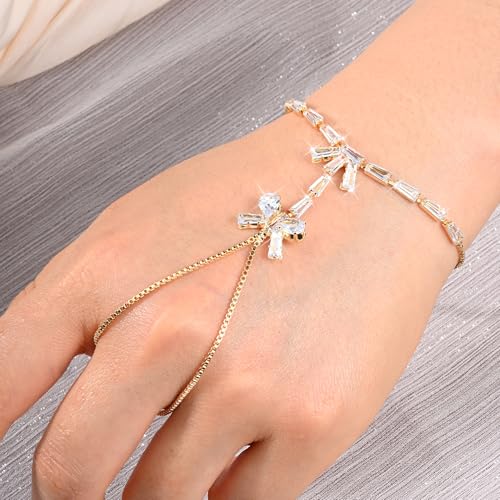 Adjustable Hand Chain Bracelet Women, 16K Gold Plated Finger Bracelet, Secure Ball Clasp Elegant Slave Hand Jewelry, Y2K Aesthetic Accessories for Summer Festival Prom Beach Vacation Daily Wear - color: style2-16K gold-plated
