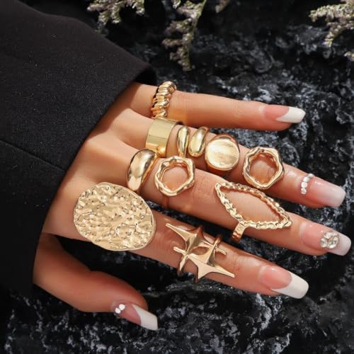10 Pcs Chunky Gold Rings for Women Open Adjustable Star Geometry Ring Stacking Knuckles Rings Set Boho Prom Costume Fashion Jewelry - color: Gold