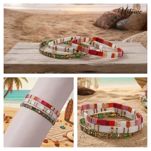 Tila Flat Square Stack Beaded Bracelets Set for Women Men, Boho 3Pcs Romantic Handmade Healing Gold Colorful Stretch Accessories Jewelry, Daily Vacation Party Holiday Friendship Gift - color: Red White Green