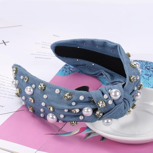 WantGor Pearl Knotted Headband, Women Rhinestone Embellished Hairband Elegant Wide Top Knot Bride Headbands Headpieces Party Fashion Elegant Ladies Hair Band Hair Hoop Accessories (Denim blue) - color: Denim blue