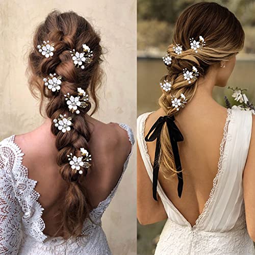 6 PCS Bridal Flower Wedding Hair Pins Crystal Pearl Hair Clips Headpiece Gold Wedding Hair Accessories Jewelry with Rhinestone for Brides Bridesmaids Women Girls Updo (Pure White Flower) - color: Pure White Flower