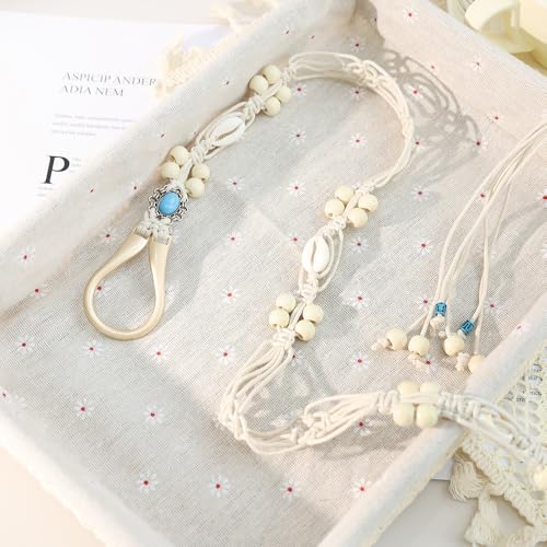Women Braided Waist Belt Boho Woven Belt with Wooden Beads and Ring Clasp Vintage Long Tassel Rope Tie Belt for Dress - color: Beige 3