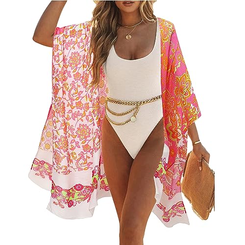 Kimonos for Women Casual Swimsuit Coverup Lightweight Boho Kimono Cardigans for Summer - color: Rose Red Flower