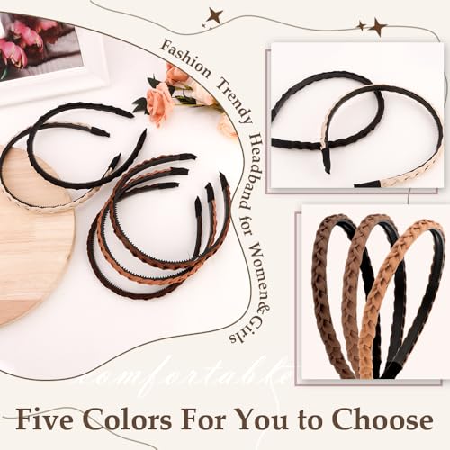 Aprince Braided Headbands for Women&Girls 5Pcs, Thin Headbands Non-slip, Braid Headband with Teeth, Comfortable Brown Hairband, Flexible Hairbands with Fabric, Skinny Boho Head Band, Neutral Color Set