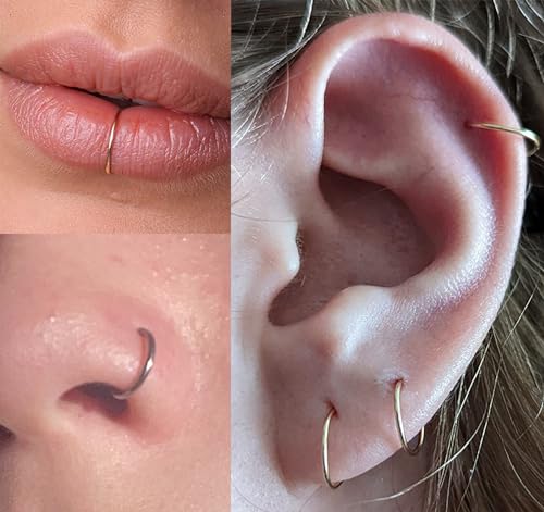 MODRSA Fake Nose Stud Fake Nose Ring Stud Fake Nose Piercing Fake Lip Ring Fake Earrings Stud Silver Gold Fake Cartilage Helix Earring Clip on Earring Hoop Fake Eyebrow Ring Fake Bridge Piercing - color: F2-Stick on jewelry + hoops -silver