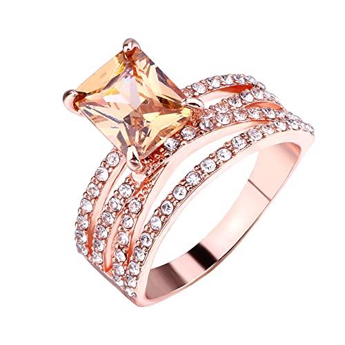WDIYIEETN Fashion Jewelry 14k Rose Gold Shiny Square Champagne Zirconia CZ Crystal Diamond Wedding Ring Size 5-11 for Women(6) - size: 6