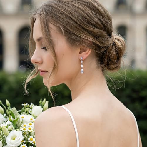 SWEETV Cubic Zirconia Dangle Earrings for Women, Teardrop Bridal Earrings for Wedding, Brides, Bridesmaids, Pear Shaped Drop Earrings for Women Prom Formal Party, Silver - color: Silver-Style2