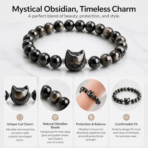 Beaded Bracelets for Women, Black Obsidian Money Attraction Bracelet, 8mm Healing Relax Anxiety Luck Crystal Bead Bracelets, Adjustable Jewelry Feng Shui Stretch Bracelet Cat Lover Gifts for Women Men - color: Black Cat